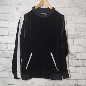 Madison Supply Black Velour Pullover Sweatshirt L Zip Pockets Stripe